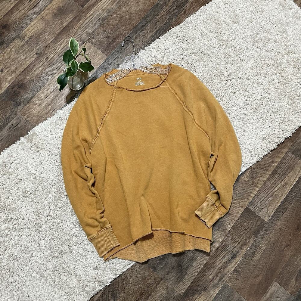 Aerie Size Small Mustard Yellow Distressed Raw Exposed Seam Pullover Sweatshirt